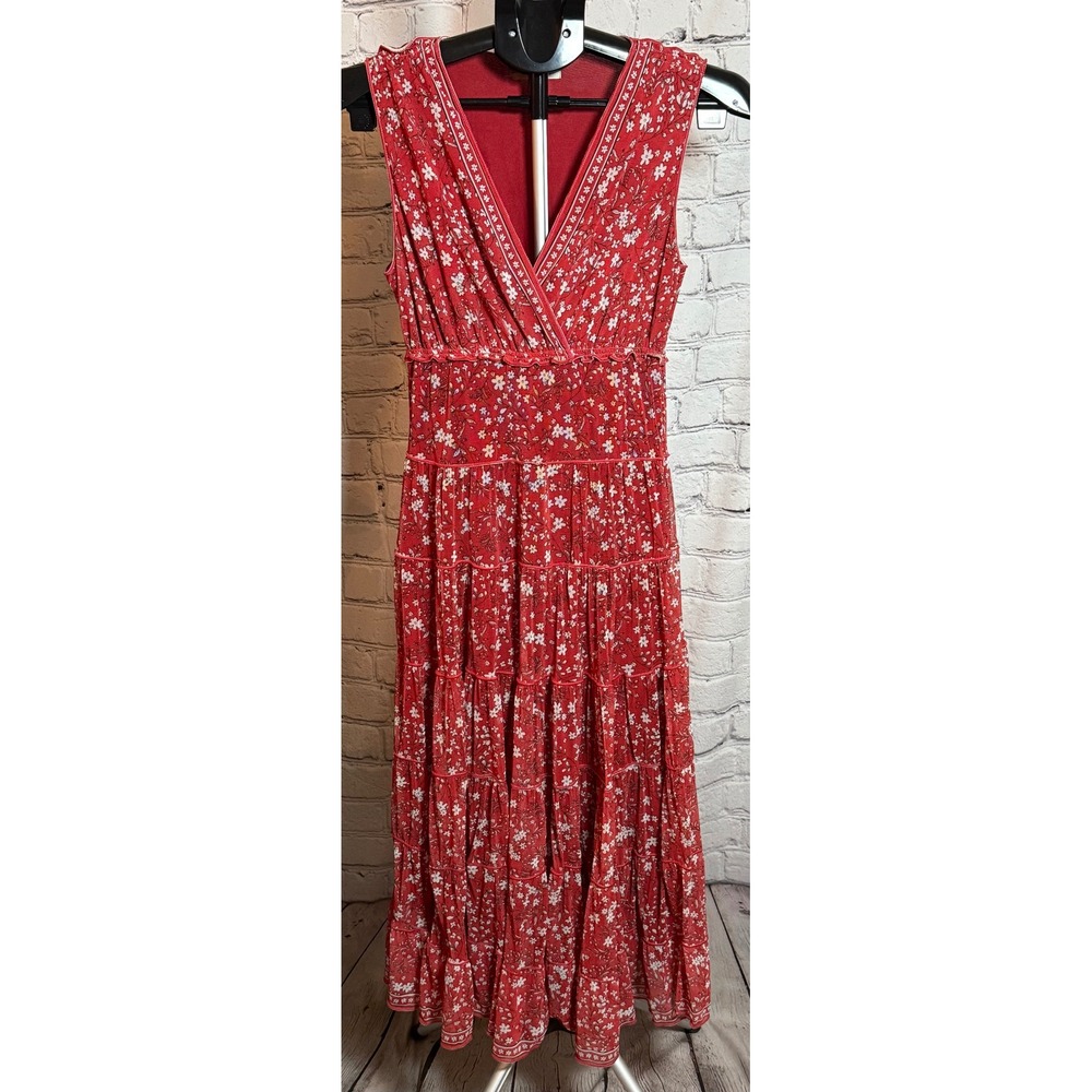 Max Studio Red Floral Mesh Tiered Maxi Dress Sleeveless Smocked Waist Small